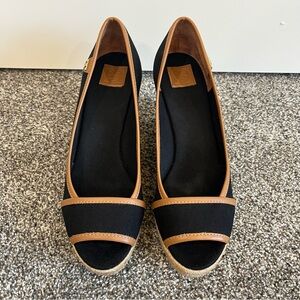 Tory Burch Black and Tan Wedges Peep Toe Size 9.5 Brown Leather